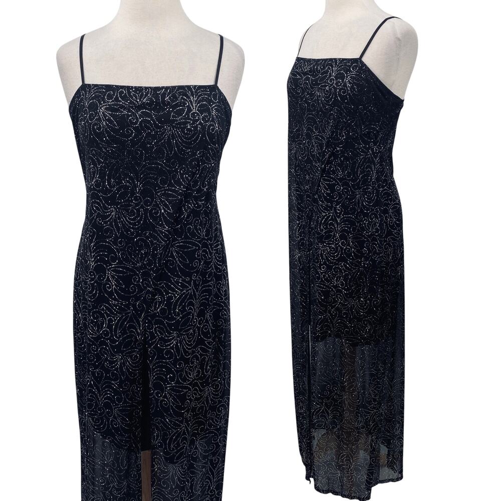 Vintage Y2k Maxi Overlay Glitter Floral Dress Split Front Gown Black Silver